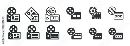 Cinema icons set: film, camera, clapboard, play buttons