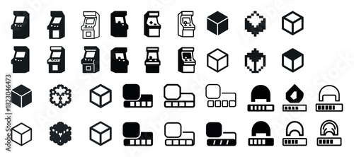 Retro gaming icons: arcade machines, cubes, and pixel art symbols