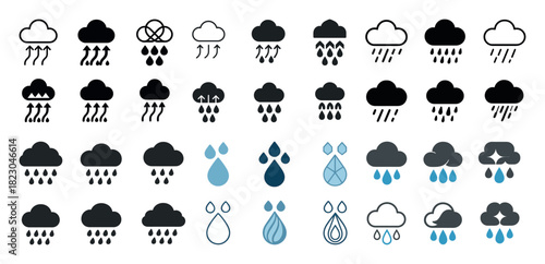 Cloud and raindrop icon set: diverse weather symbols in black and blue variations