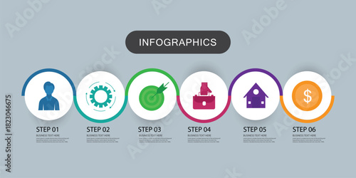 Business circle timeline infographics with 6 options or steps