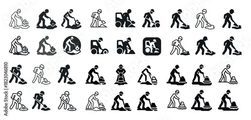 Collection of worker icons in various construction tasks