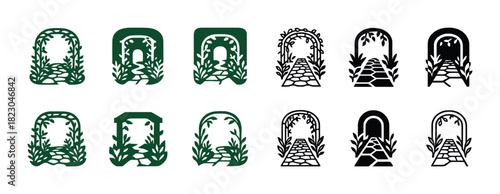 Garden archway icons with plants and stone paths in green and black