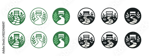 Path and bench icon set with leaves in green and black variations
