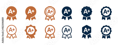 Various a+ award badge icons in brown and blue tones