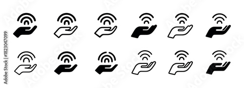 Set of black and white wi-fi signal hand icons in various styles