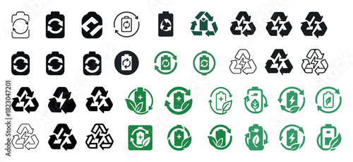 Battery recycling icons: sustainability and eco-friendly symbols for green energy