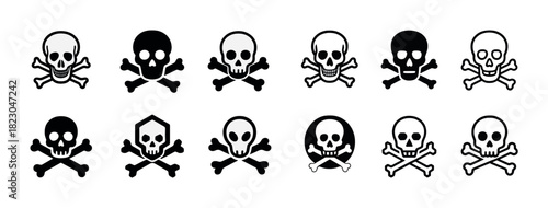 Collection of skull and crossbones icons in various styles and designs