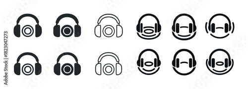 Audio icon set: headphones and headset designs in black and white