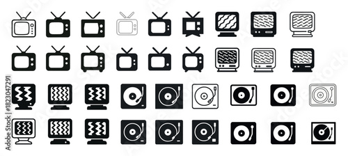 Evolution of television and record player icons in black and white