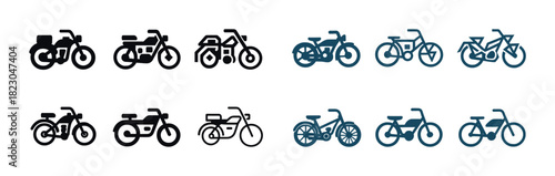 Set of black and blue icons of motorcycles, mopeds, bicycles in various styles