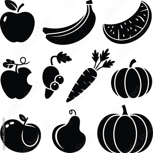 Assorted black and white fruit and vegetable icons