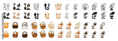 Variety of gardening icons: tools, plants, hands, and baskets in multiple styles