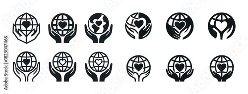 Global heart icons: hands holding earth and heart symbol designs