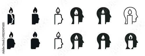 Candle and human head silhouettes in profile and frontal views