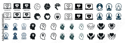 Heart and mind icons: meditation, tech, and mental health symbols