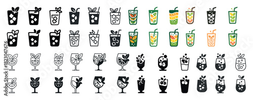 Collection of diverse cocktail icons featuring fruits and glasses