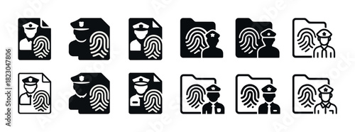 Police officer and fingerprint icons collection in black and white style