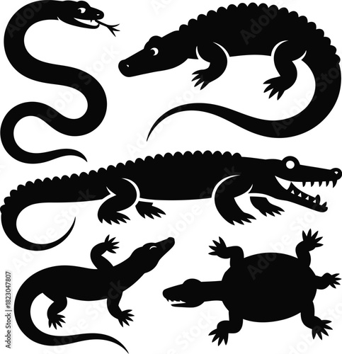 Black Silhouettes of Reptiles and a Turtle snake alligator