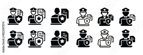 Set of male police officer icons with badge, laptop, and shield symbols