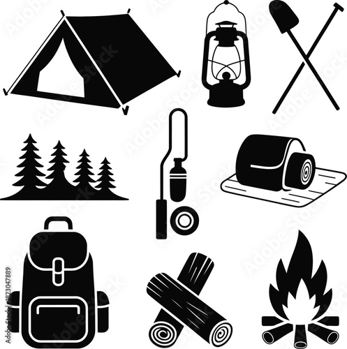 Camping Equipment Icons Black and White tent lantern