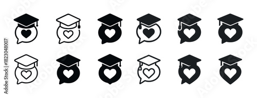 Graduation icons with heart and speech bubble motifs in black and white