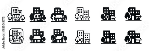 Black and white cityscape icons of buildings, shops, and trees
