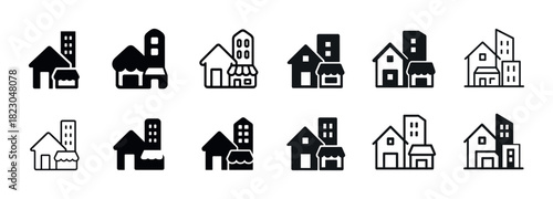 Diverse black and white urban housing icon set with various building styles