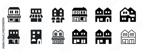 Variety of building icons: houses and shops in minimalist black and white design