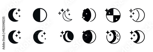 Moon phases with stars in black and white icon set