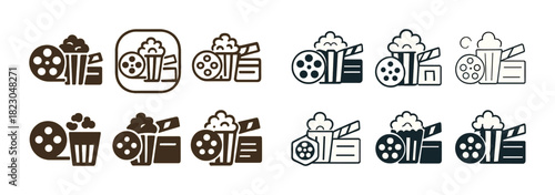 Cinema icons set: film reel, popcorn, clapperboard in multiple styles