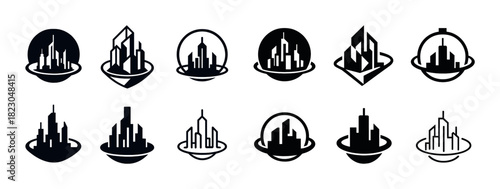 Set of geometric cityscape logos in black and white