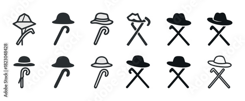 Collection of hat and cane icons in various styles and designs
