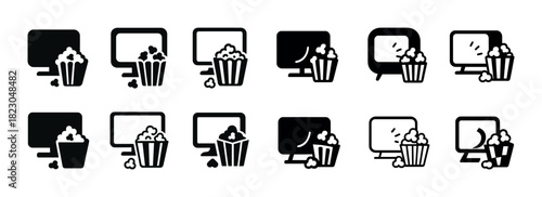 Set of tv and popcorn icon variations for entertainment and movie night themes