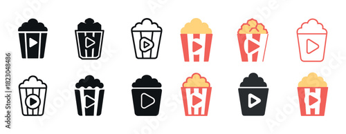 Variety of popcorn icons with play symbol in different styles and colors