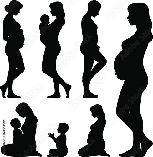 Collection of pregnant women and child silhouettes