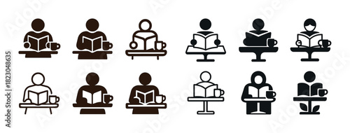 Silhouette icons of diverse readers at tables with books and coffee