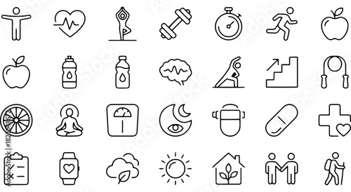 Health and wellness line icons set with fitness, medical, lifestyle, and mental wellbeing symbols on white. Vector