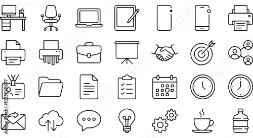 Comprehensive set of business, office, and communication line icons for web and mobile interfaces, digital design, and presentations. Vector