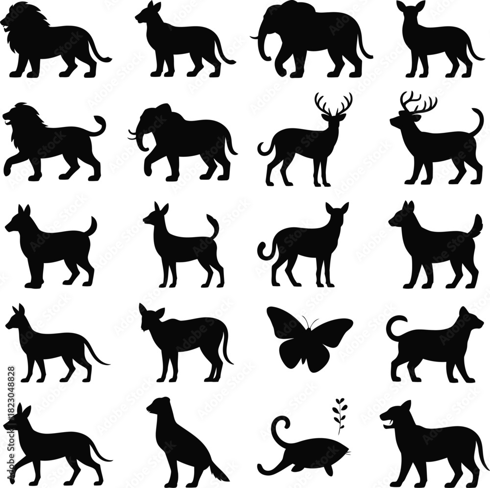 Obraz premium Diverse Animal Silhouettes and Butterfly on White Background