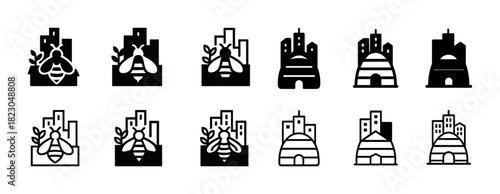 Bee and beehive icons with cityscape elements in various styles and designs