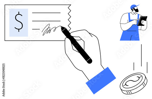 Hand signing check with pen, coin falling, delivery worker holding tablet. Ideal for payment, finance, transaction, commerce, service delivery agreement themes. Clean simple flat metaphor