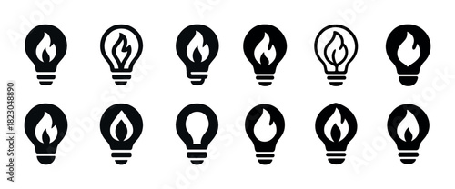 Set of light bulb icons with flame symbols in black and white design