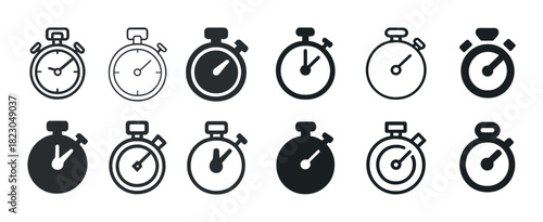 Set of stopwatch icons in black and white minimalist design