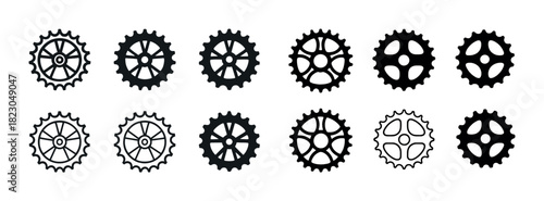 Collection of various gear and cogwheel silhouettes in black and white