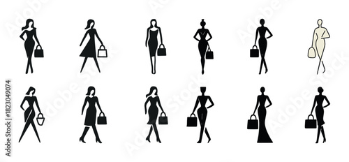 Stylish female silhouettes with handbags in various fashion poses