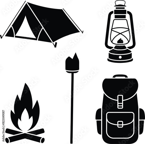 Essential Camping Gear Icons Black and White tent lantern