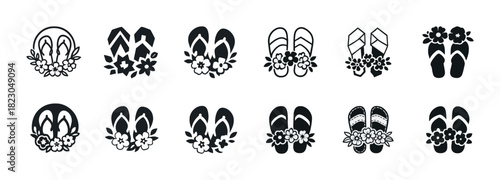 Icon set of floral-decorated flip flops in black and white vector style