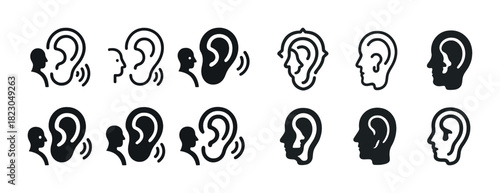 Set of human head and ear icon silhouettes in black and white