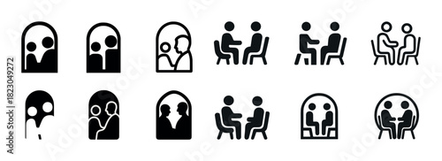 Diverse human interaction icons: black and white symbol variations