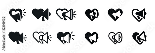 Heart and megaphone icons in various styles and patterns